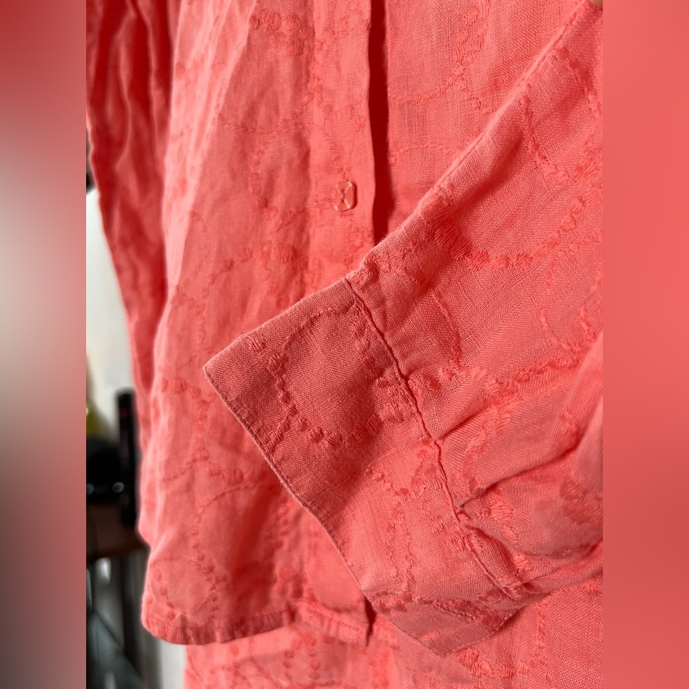NWOT Dana Buchman Linen Coral Button-Down Shirt W/Embroidery. Size 6/S. - Picture 8 of 15